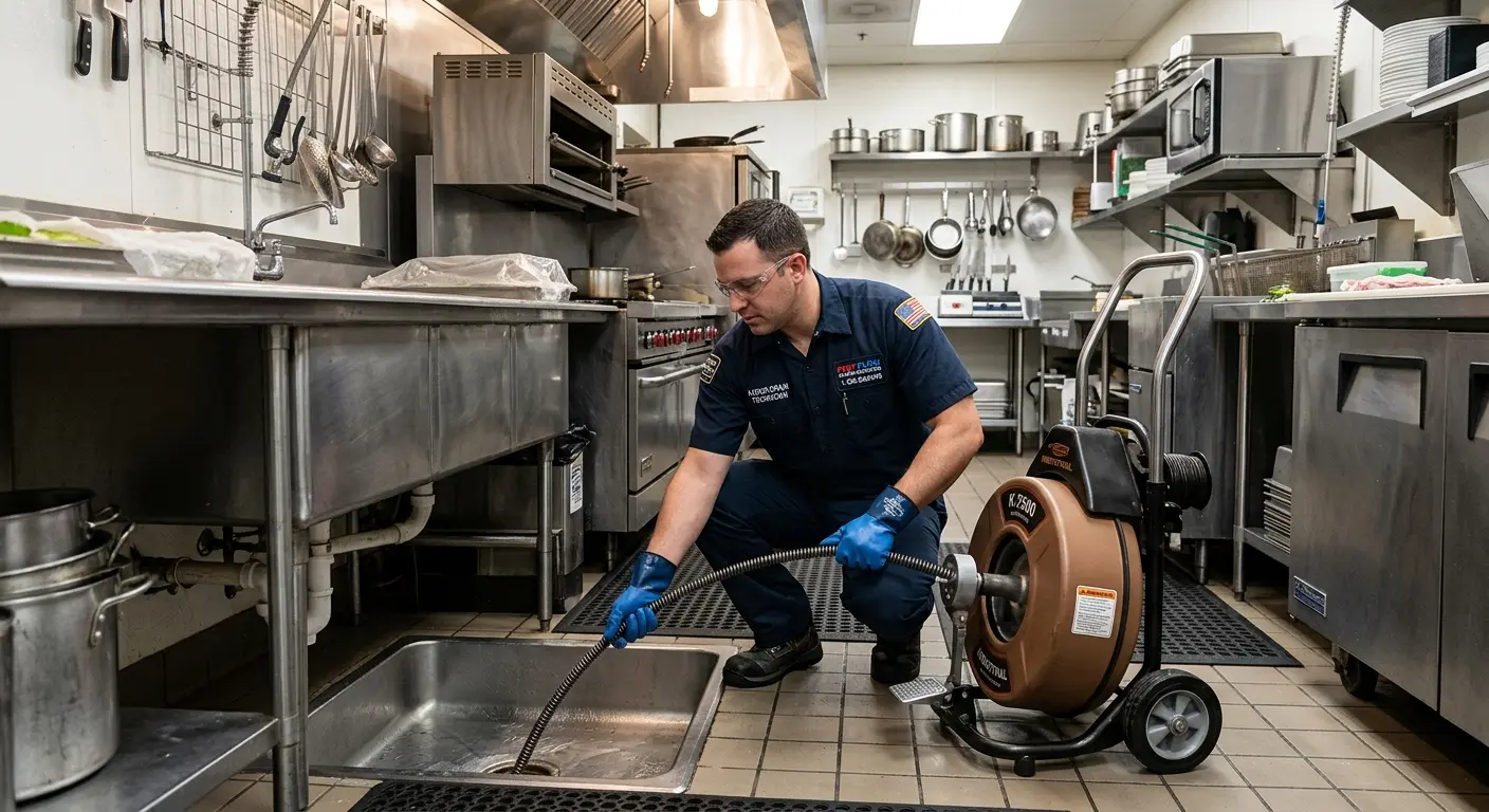 Commercial drain cleaning service in a restaurant kitchen in Robinson
