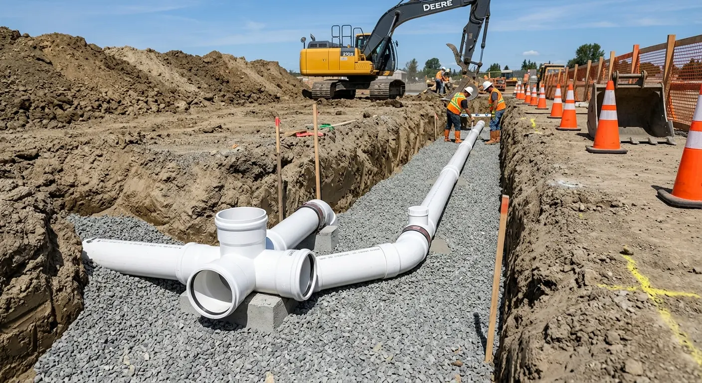 New PVC sewer pipe installation in open trench for Sewer Backup in Robinson