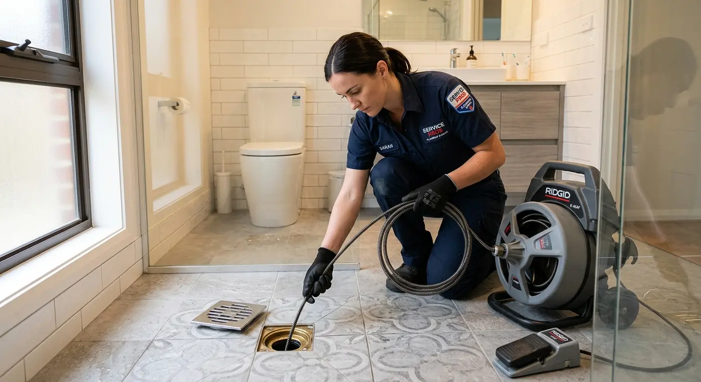 Technician clearing a bathroom floor drain for Clogged Drain Repair in Robinson